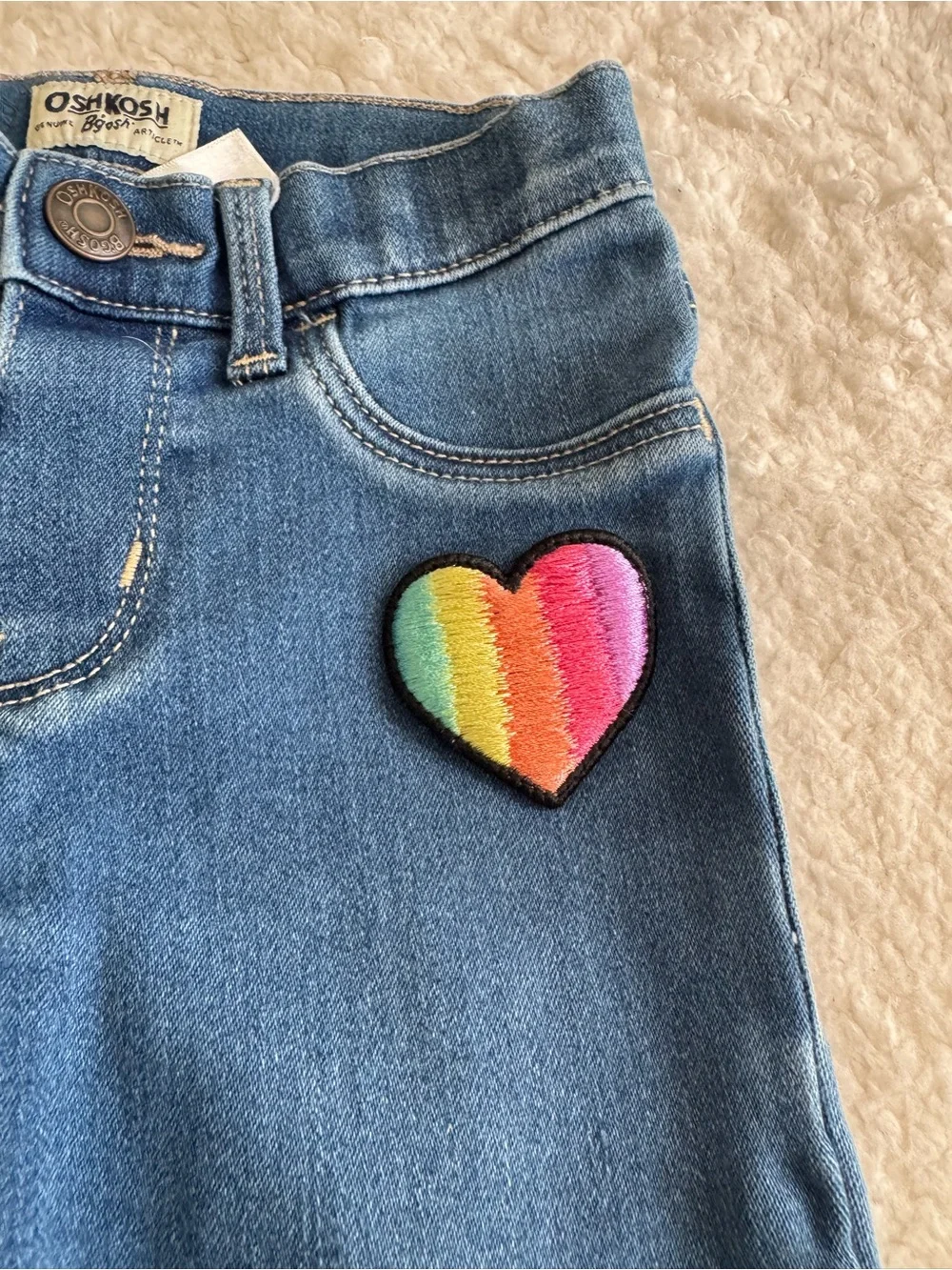 OshKosh B'gosh Blue Denim Jeans with Rainbow Heart & Yellow Smile Patches